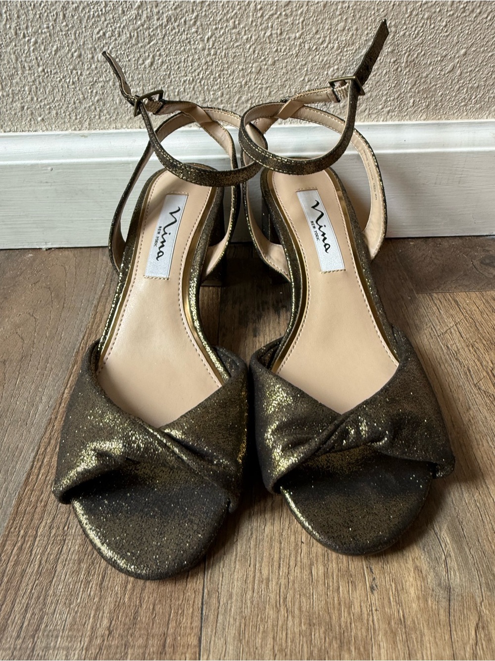 Nina Metallic Gold Knot Open-Toe Ankle-Strap Heels